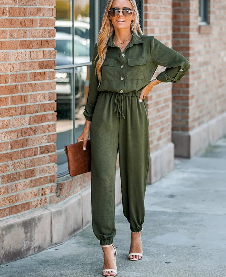 Basic Collar Button-Front Jogger Jumpsuit for Women Sexy Drawstring Long Sleeve Playsuit Overalls 2023 Spring Autumn Long Romper