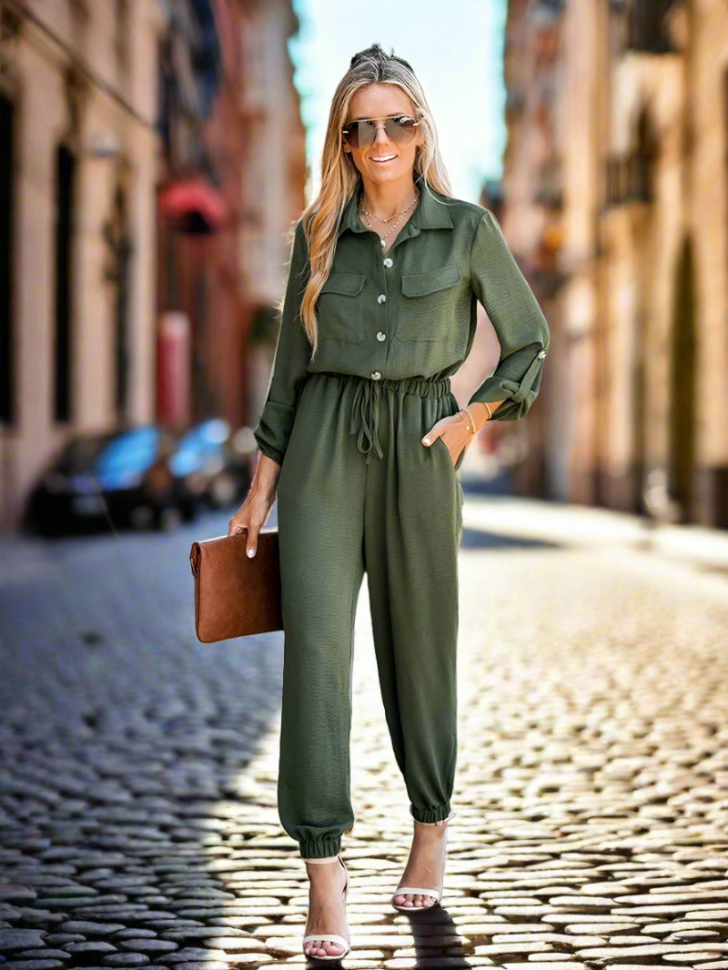 Basic Collar Button-Front Jogger Jumpsuit for Women Sexy Drawstring Long Sleeve Playsuit Overalls 2023 Spring Autumn Long Romper